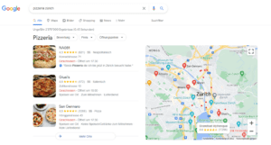 Google Suchergebnis Pizzeria in Zürich